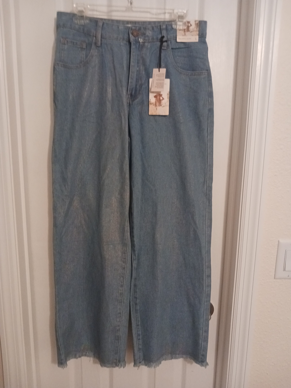 Sincerely Jules Light Blue All Over Subtle Glitter Wide-Leg Jeans with Raw Hem L